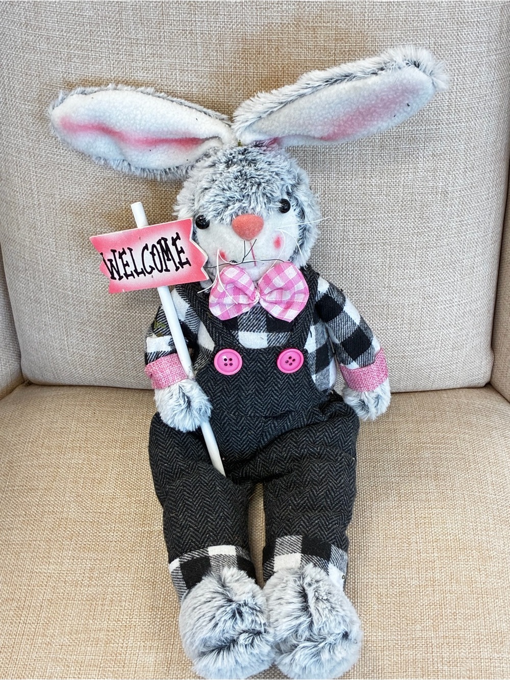 Welcome Pink & Gray Bunny Plush Holiday Decor